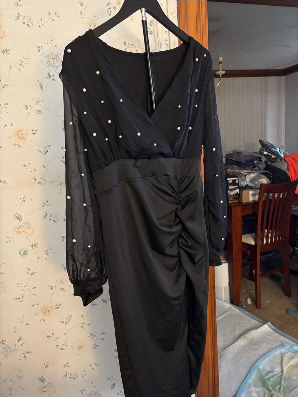 Black Pearl-Embellished Long Sleeve Midi Dress